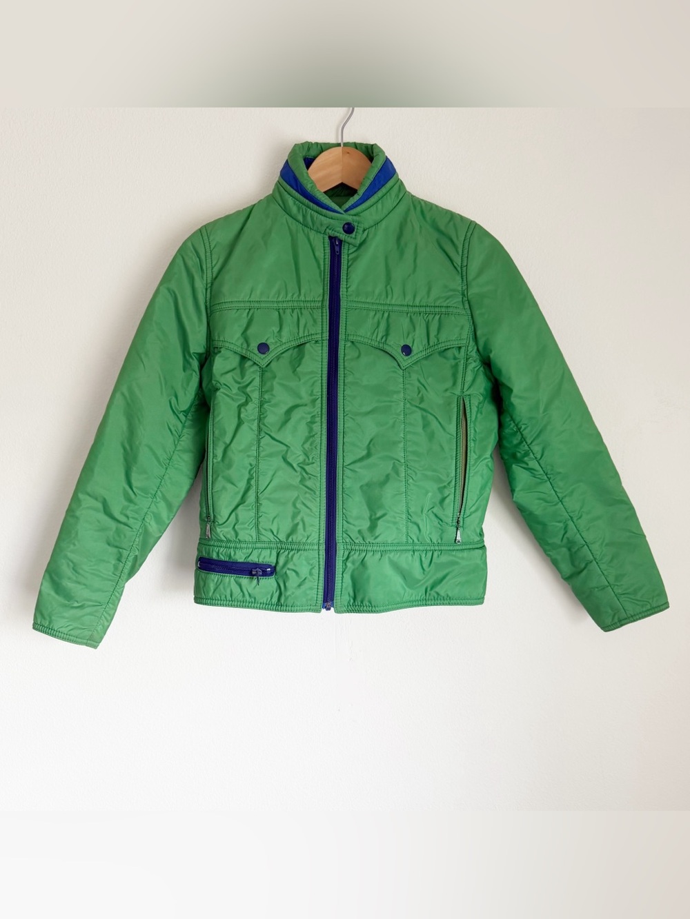 Vtg 80s Shanahan Puffer Ski Jacket Bright Green Blue Retro Short Opening Day M